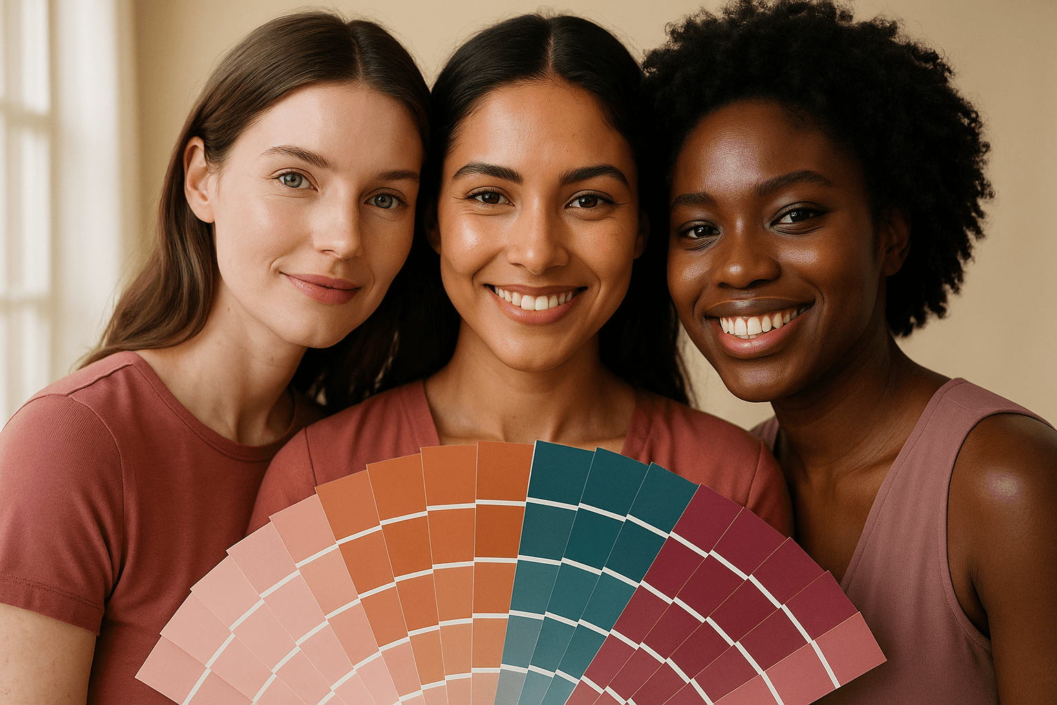 Three women with different coloring holding a wide fan of color swatch cards